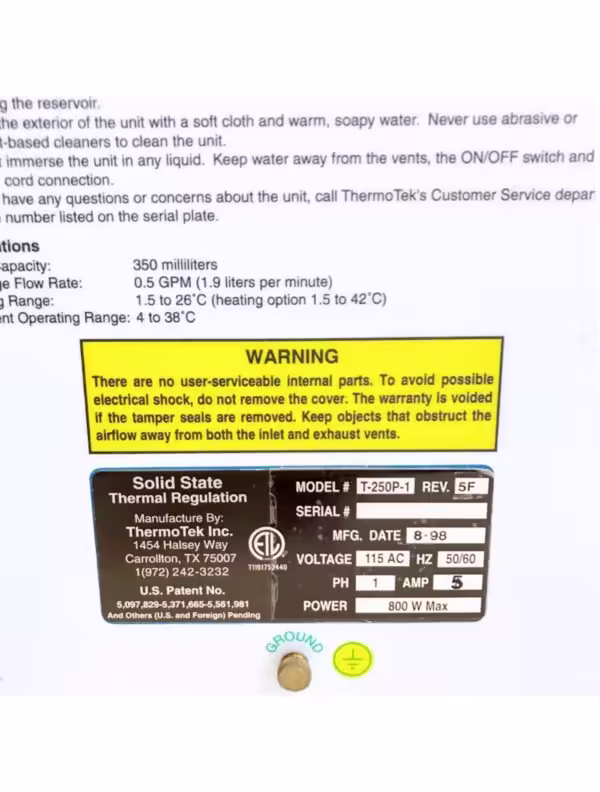 ThermoTek T-250P-1 Solid State Temperature Regulation Control Laser Chiller