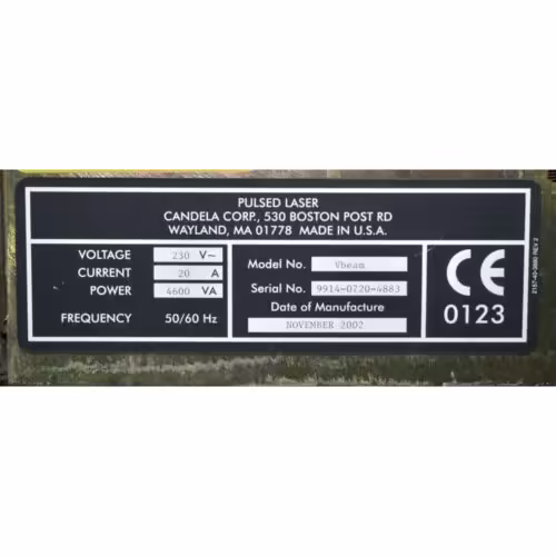 2002 Candela VBeam V Beam 1 Pulsed Dye 595 nm Vascular Acne Laser NEW DYE KIT